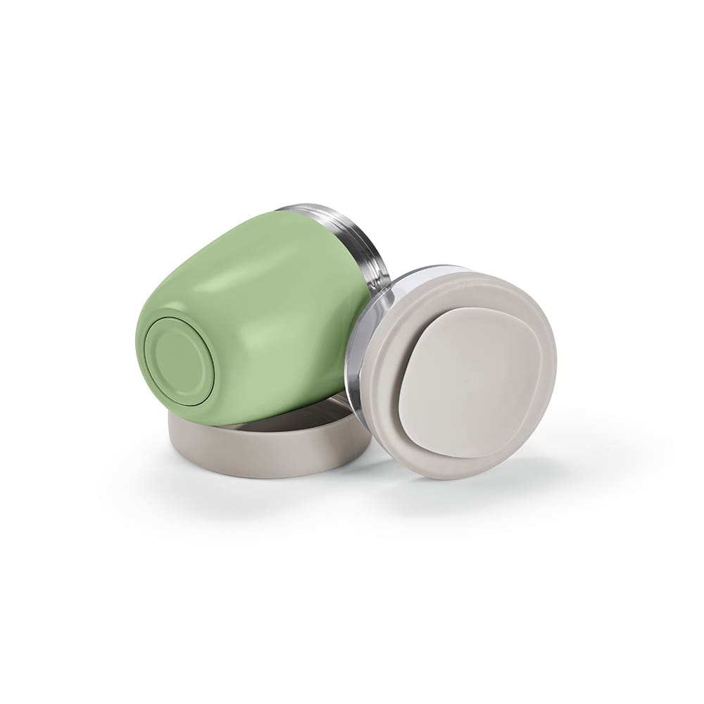 A food flask featuring a light green body and grey lid, with two separate compartments and a visible logo.