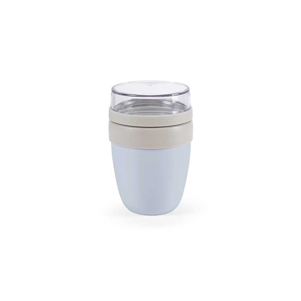 A food flask with two compartments, featuring a light blue base and a clear lid, complete with a beige band.