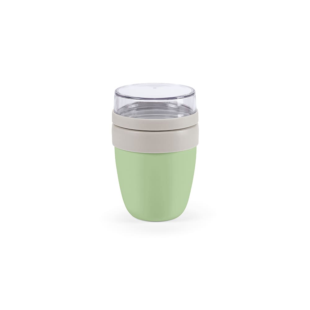 A food flask with two compartments, featuring a pale green base and a clear lid. It includes a branding logo.