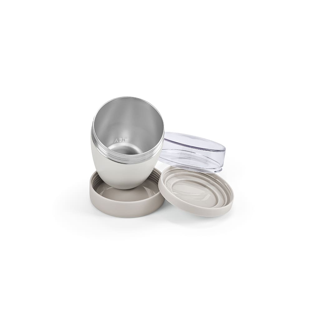 A food flask with a silver stainless steel interior and beige exterior, featuring two compartments and a clear lid.
