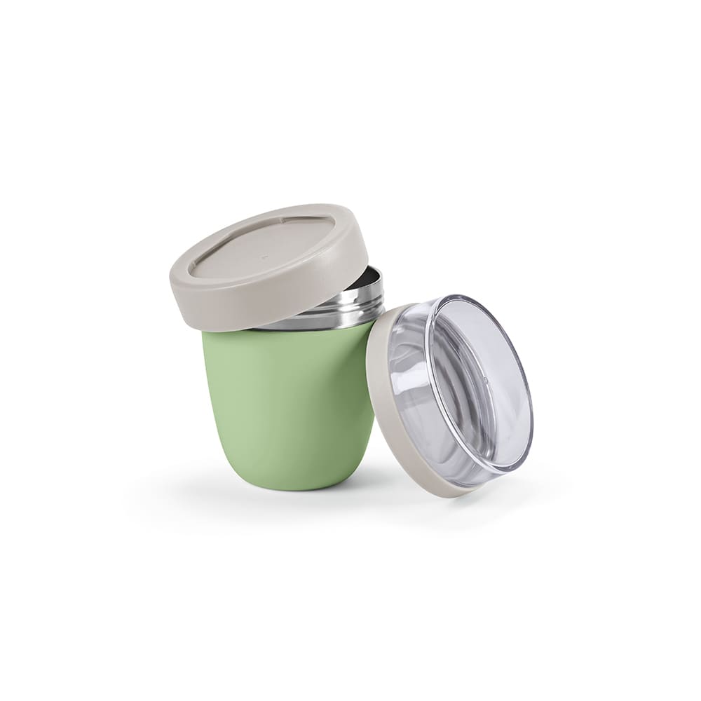 A food flask in soft green with a removable clear lid, featuring two compartments and a sleek design.