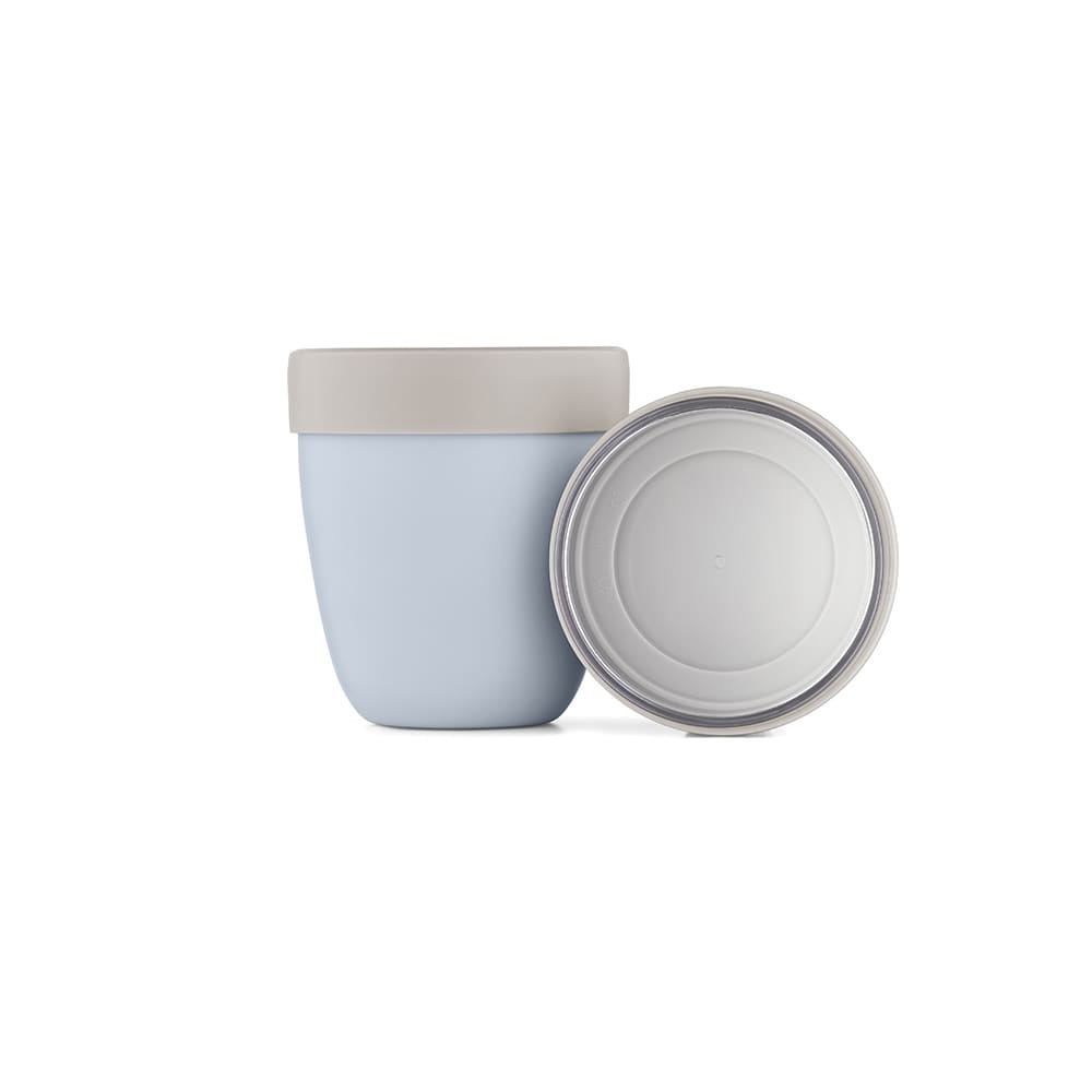 A food flask with two compartments, featuring a light blue body and a grey lid. Contains a branding logo.