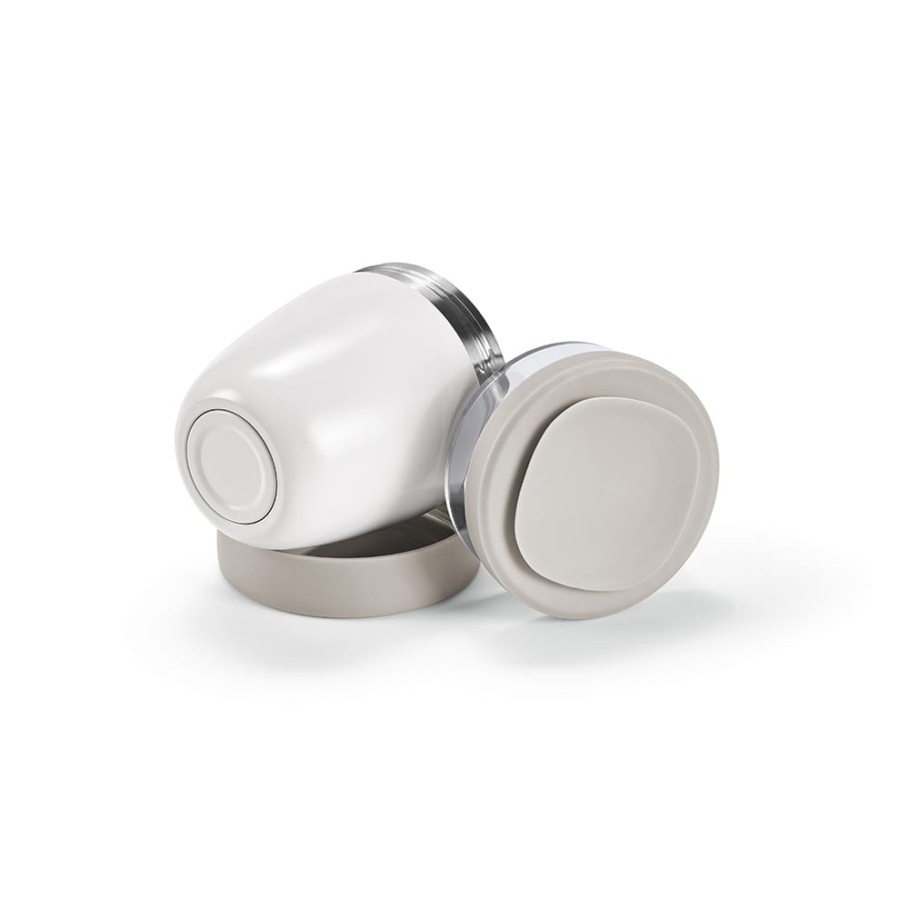 A drink bottle with a sleek white exterior and a grey lid, featuring two compartments for storage.