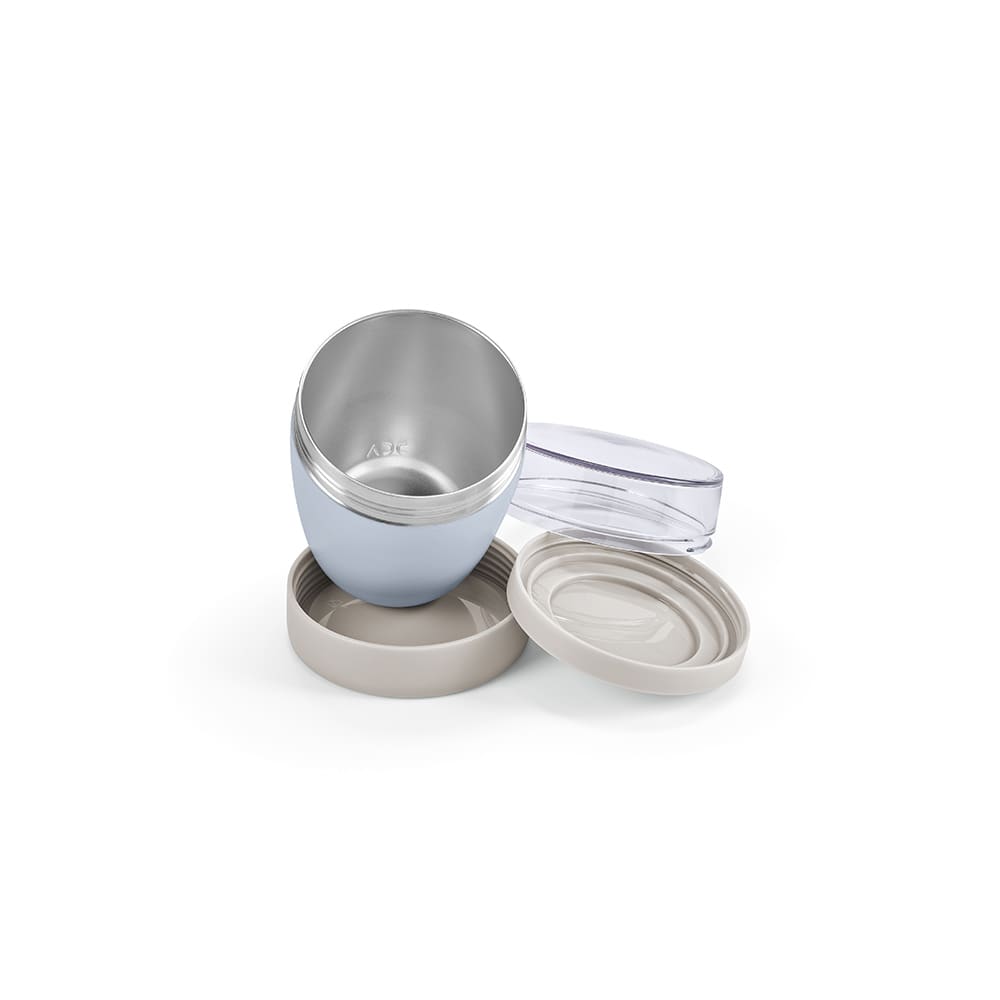 A food flask in blue and grey, featuring two compartments and a transparent lid. It has a logo on the side.