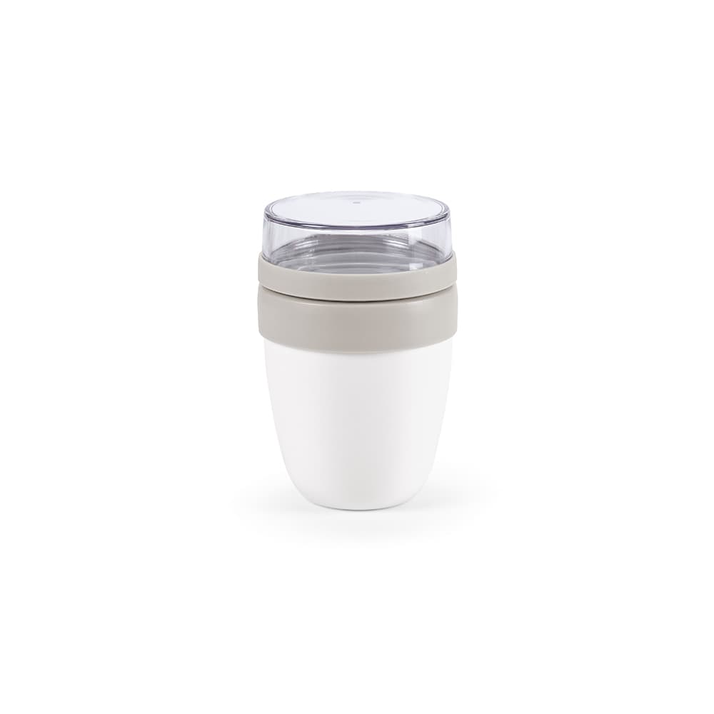 A drink bottle with a white body and a grey band, featuring a clear lid. It has two compartments.