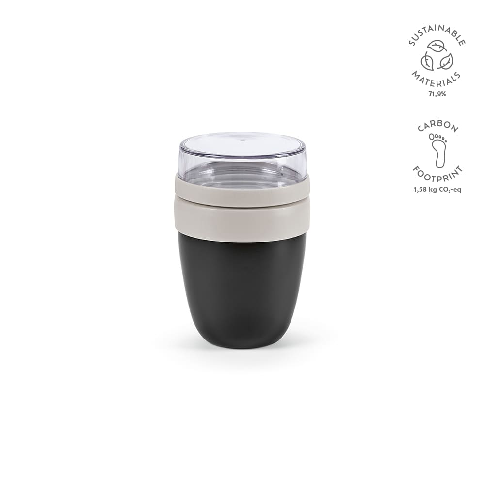 A food flask with two compartments, featuring a black base and a transparent lid. It has a logo on the side.
