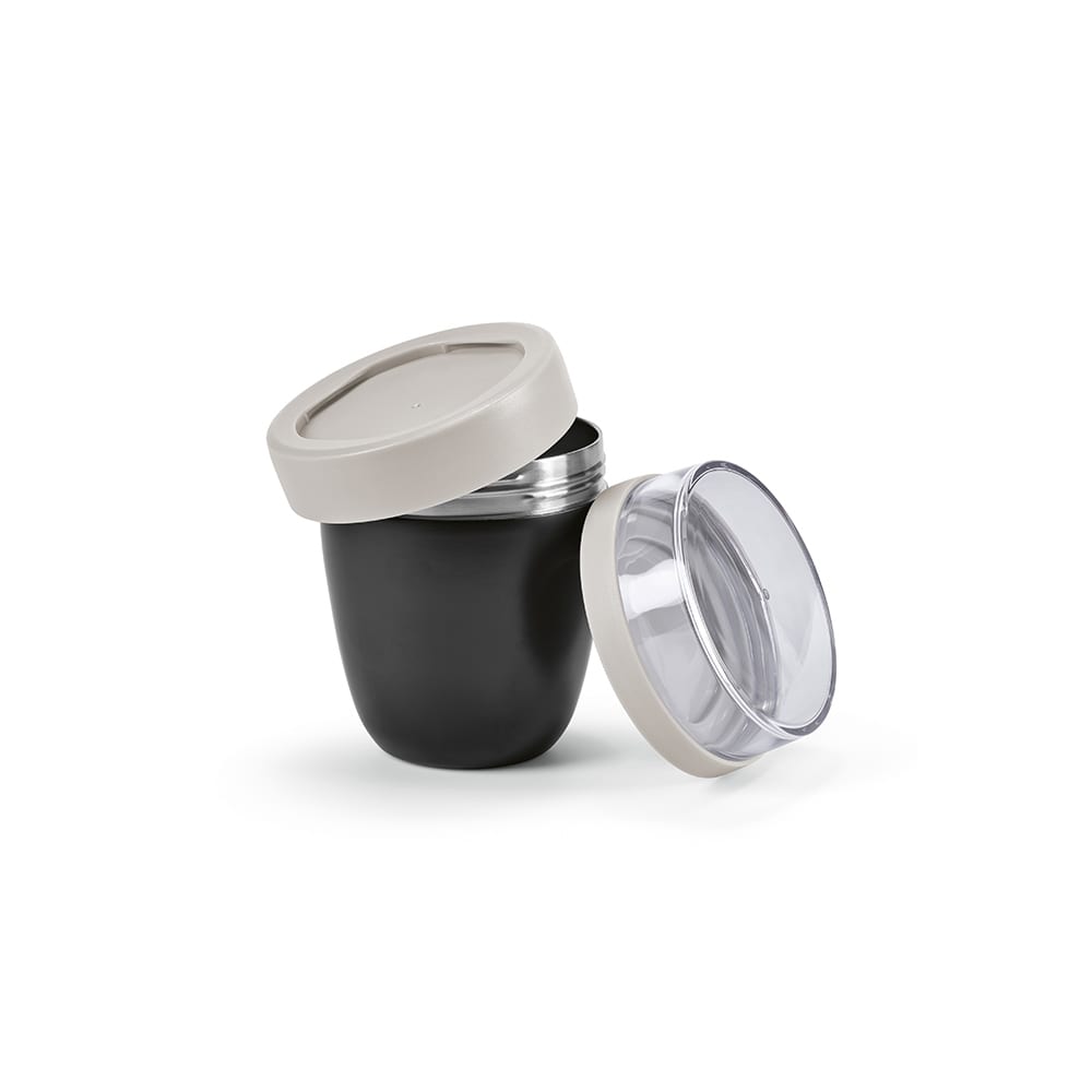 A food flask with two compartments, featuring a sleek black exterior and a light-coloured lid. Logo visible.