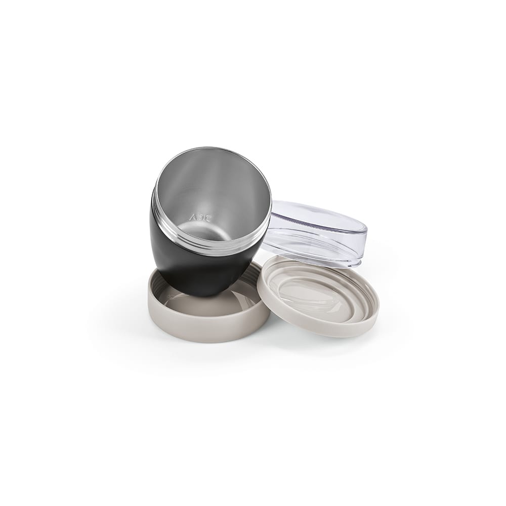 A food flask with a stainless steel interior, featuring two compartments in black and beige, with a transparent lid.