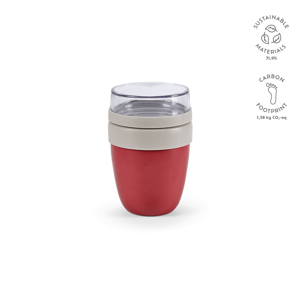 A food flask with two compartments, featuring a red exterior and a clear lid, along with a branding logo.