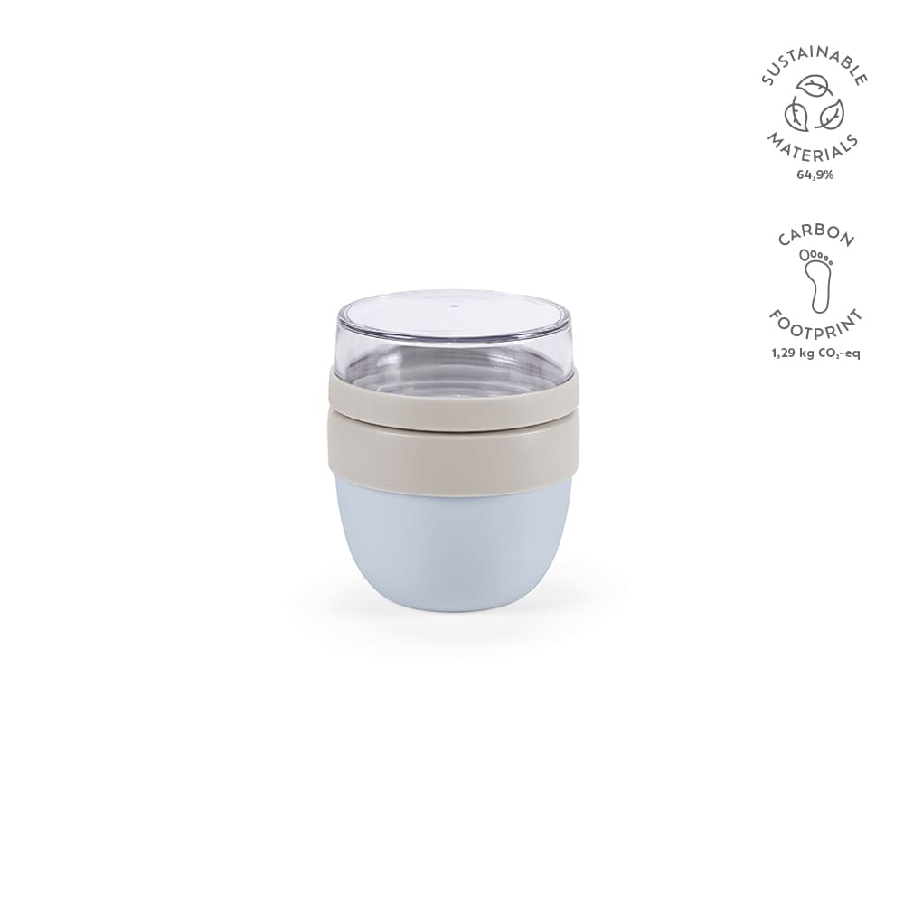 A food flask with two compartments in light blue and beige, featuring a clear lid and a branding logo.