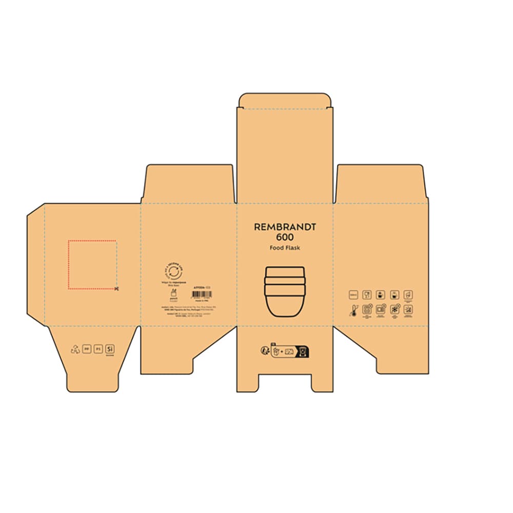 A food flask packaging in brown, featuring two compartments and a logo, designed for the Rembrandt 600 model.