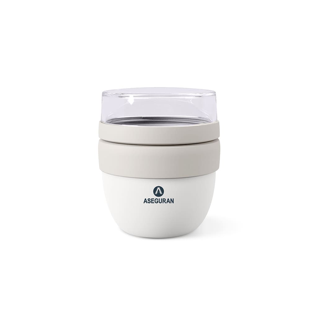 A food flask with a grey lid and white body, featuring two compartments and a logo.