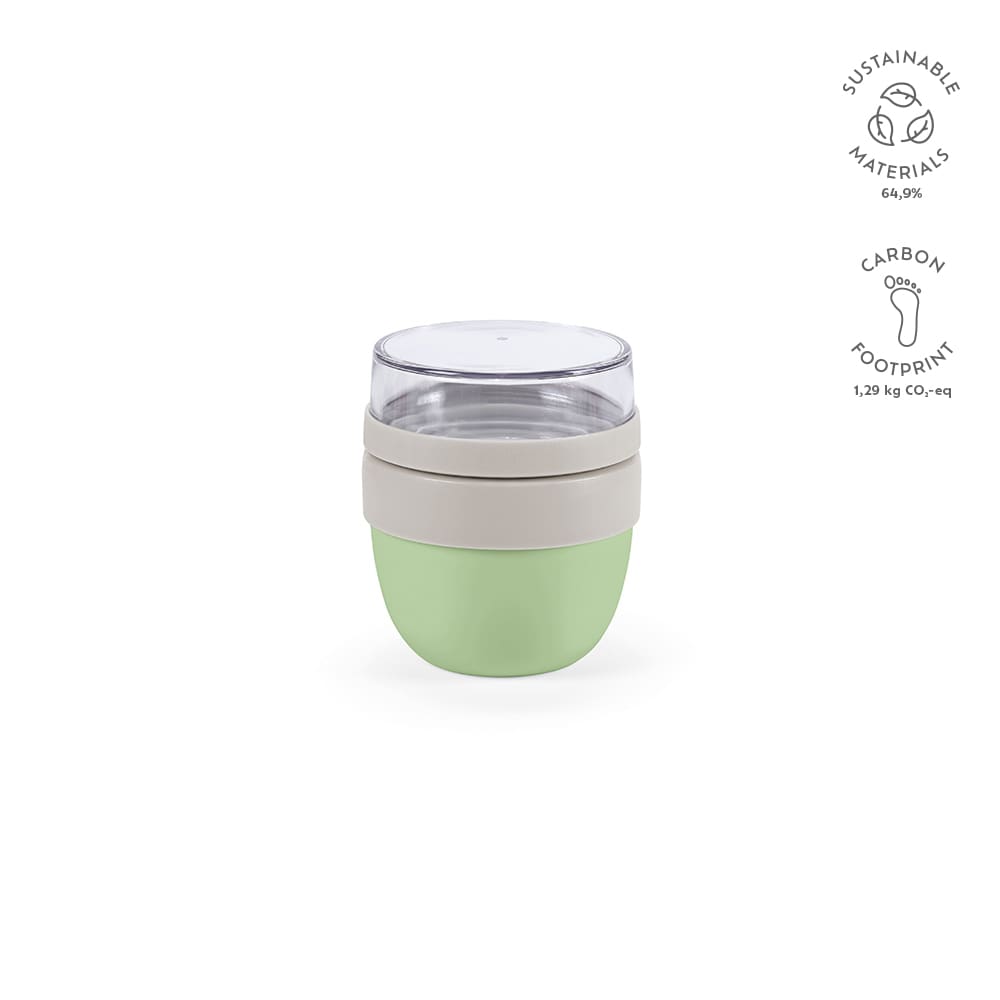 A food flask with two compartments, featuring a light green base and a transparent lid, along with a neutral grey band.