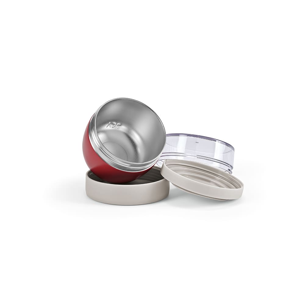 A food flask with a red outer layer and a stainless steel interior, featuring two compartments and a beige lid.