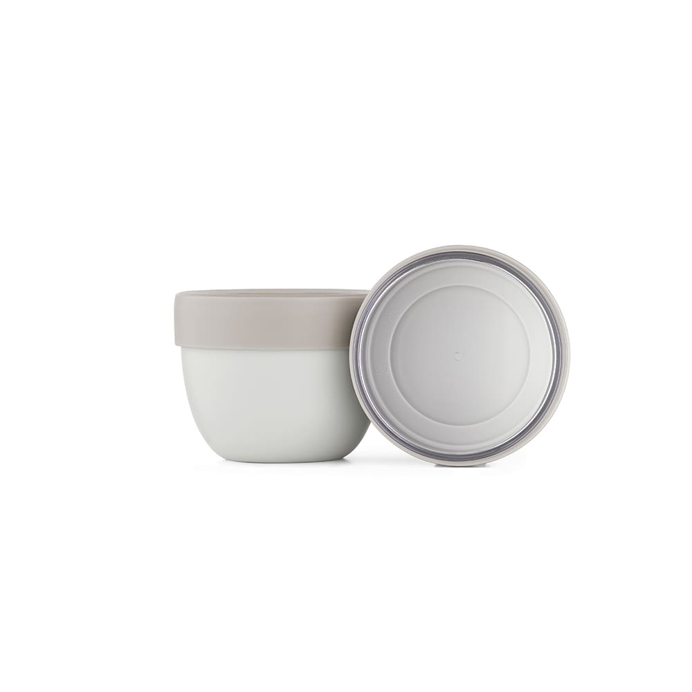 A food flask in white and grey with a two-compartment design and a branding logo on the lid.