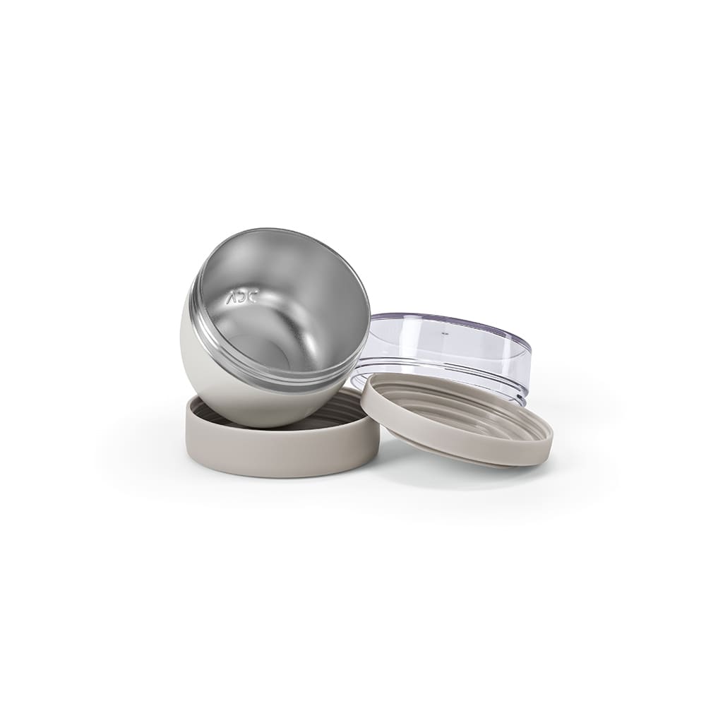 A food flask featuring a stainless steel interior and two beige compartments, with a transparent lid.