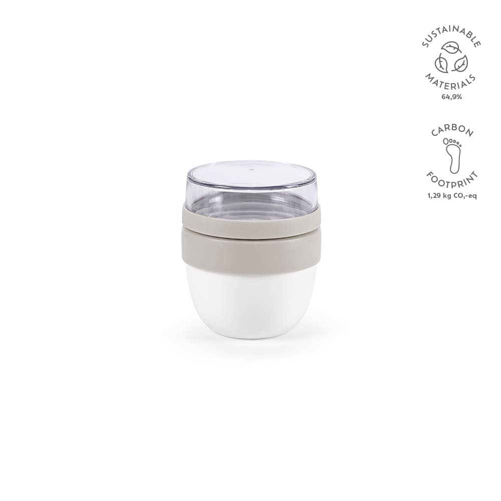 A food flask with two compartments, featuring a clear top and a white and grey base. Includes a logo.