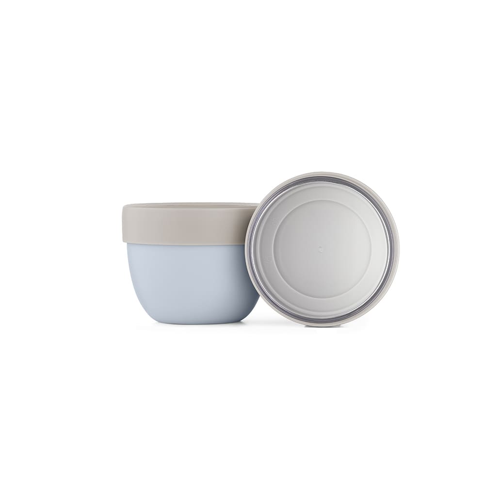 A food flask in light blue with a grey lid, featuring two compartments and a logo on the side.