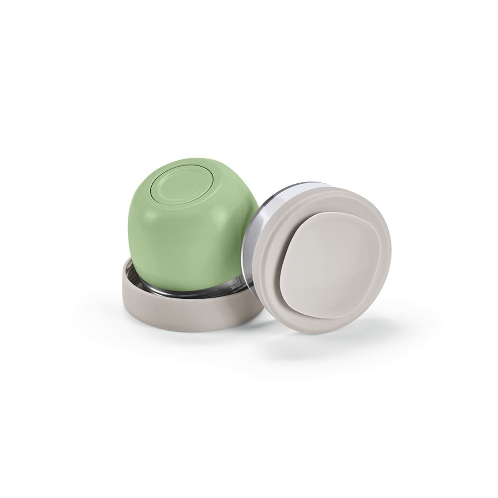 A food flask with two compartments, featuring a light green lid and a beige base, made of stainless steel.