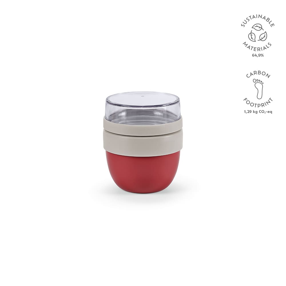 A food flask with two compartments, featuring a red base and a clear lid, includes a logo on the design.