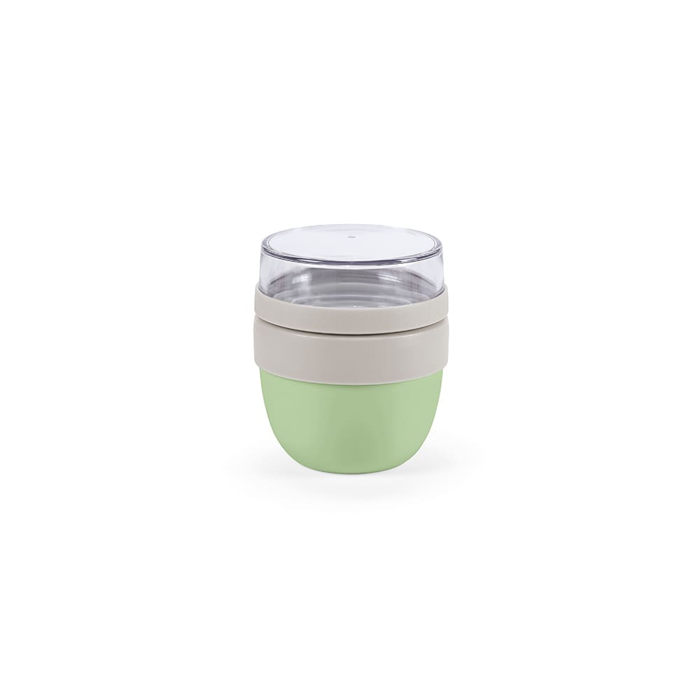A food flask with two compartments, featuring a light green bottom and a transparent top lid. It has a logo.