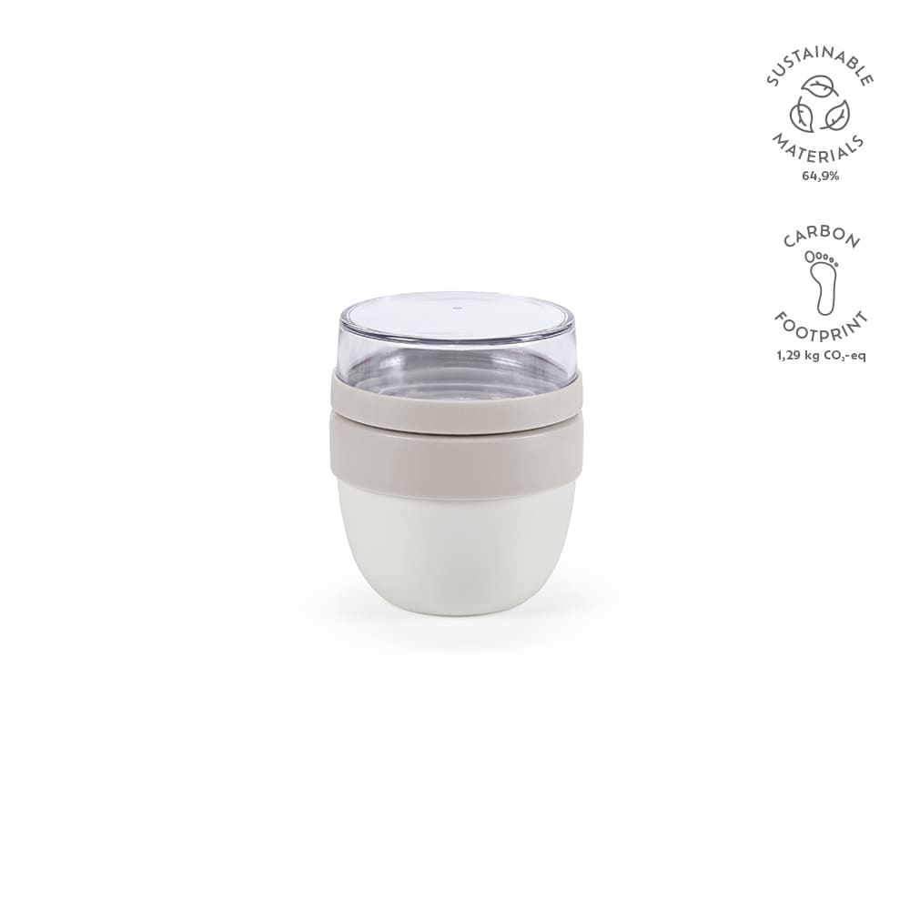 A food flask with two compartments, featuring a cream and clear design, and made from sustainable materials.