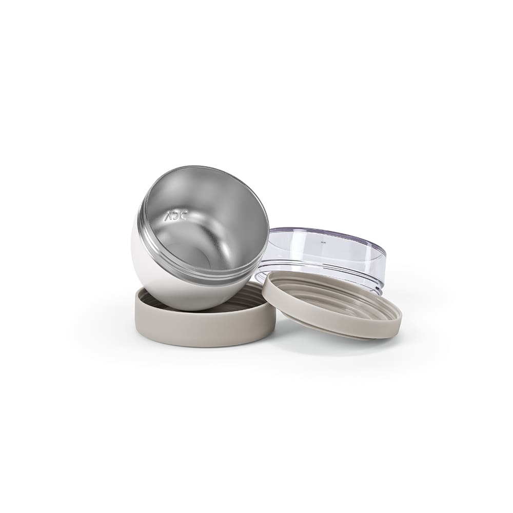 A food flask in silver and beige, featuring two compartments and a transparent lid. The product has a logo.