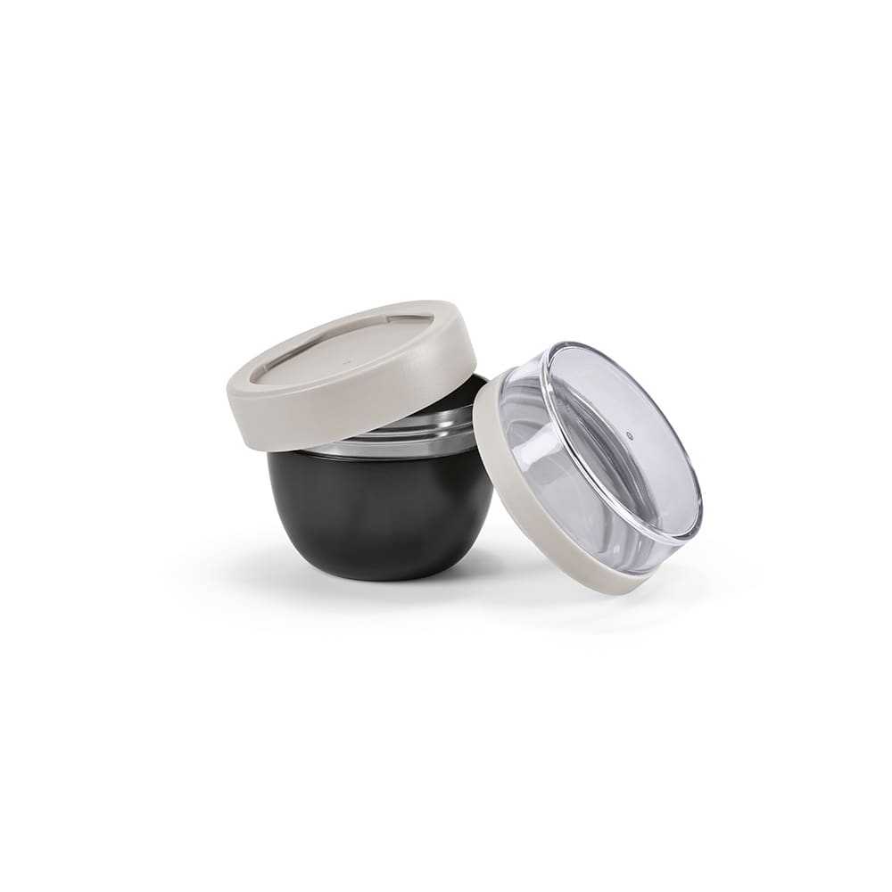 A food flask featuring two compartments, in black and light grey with lids. It includes a logo on the surface.