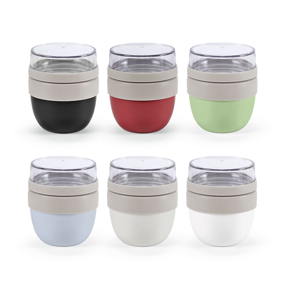 A food flask set featuring six containers in black, red, green, blue, white, and grey with clear lids and silicone bands.