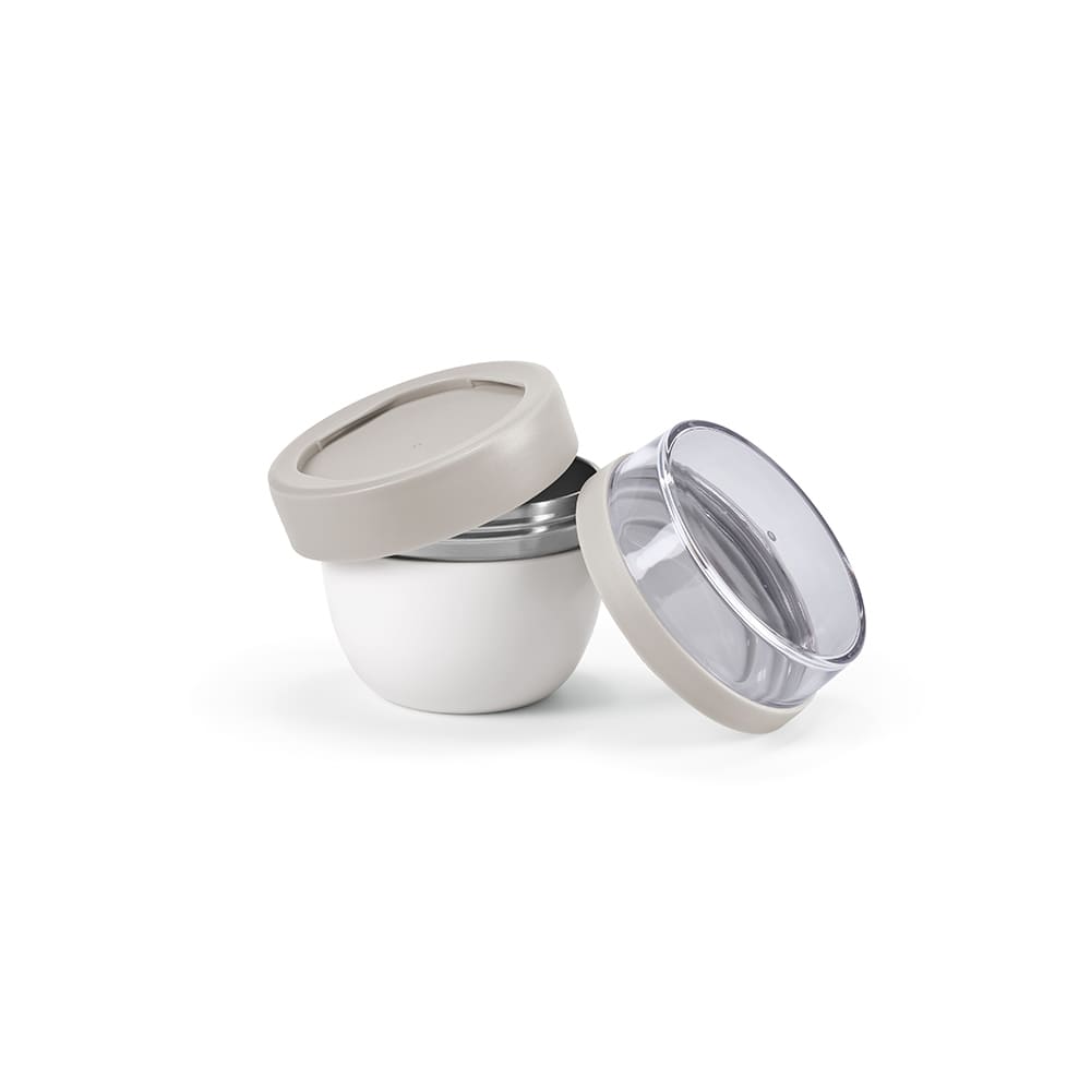 A food flask with two compartments, featuring a white base and a grey lid. Contains a clear top section.