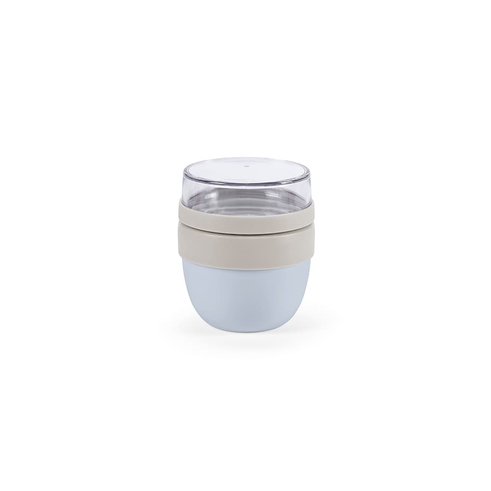 A food flask with a light blue bottom compartment and a clear top lid, featuring a logo.