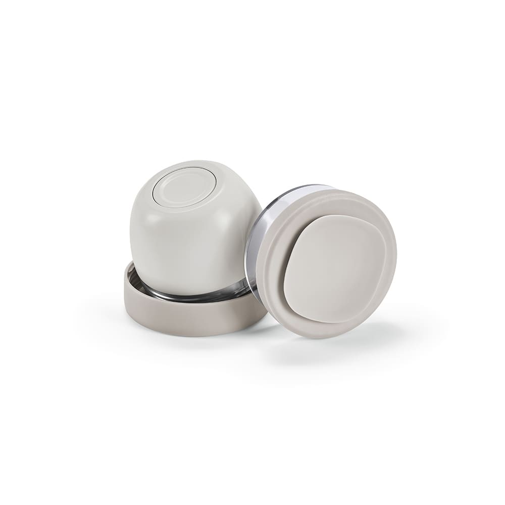 A food flask with a light grey exterior and two compartments, featuring a lid and a branding logo.