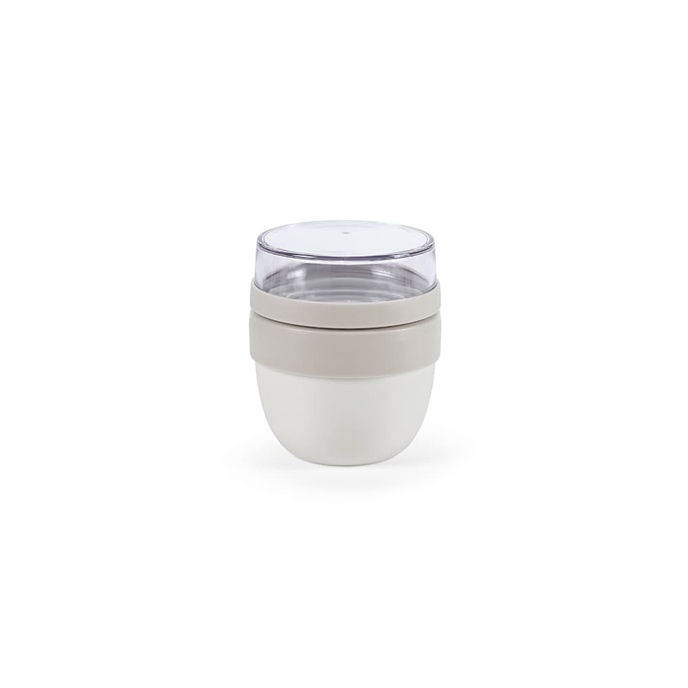 A food flask with a light grey lid and a dual-compartment design, featuring a white base and a clear top section.