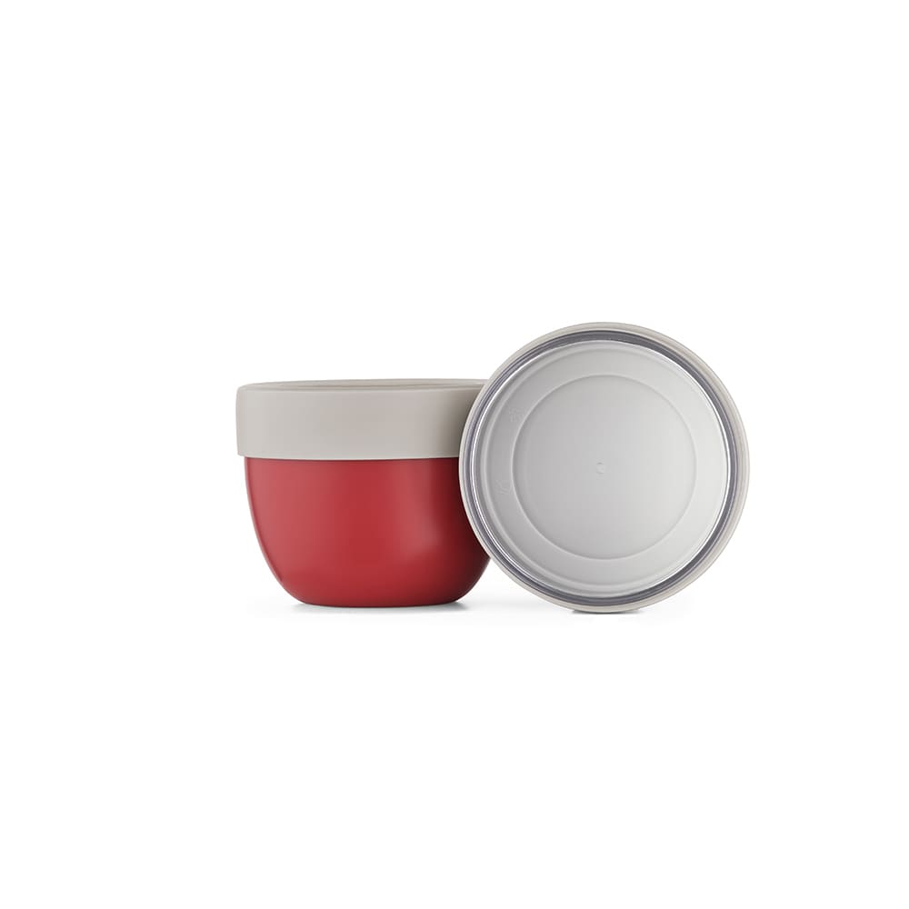 A food flask with two compartments, featuring a red exterior and a grey lid. It has a logo on one side.