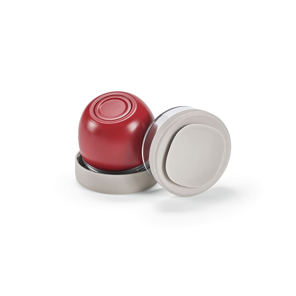 A drink bottle featuring two compartments, with a red top and beige base, and a logo on the side.
