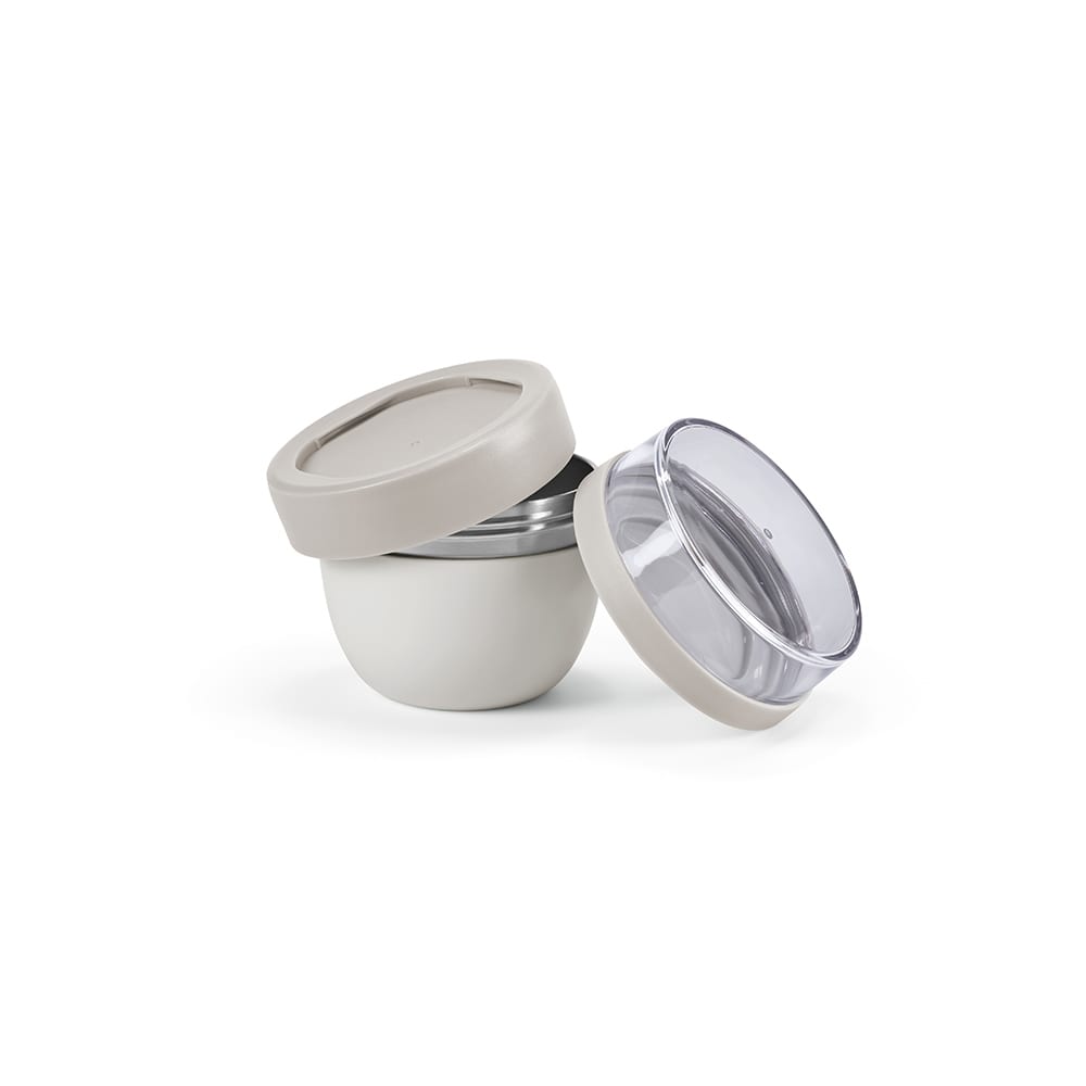 A food flask in light grey with two compartments, featuring a transparent lid and a smooth finish.