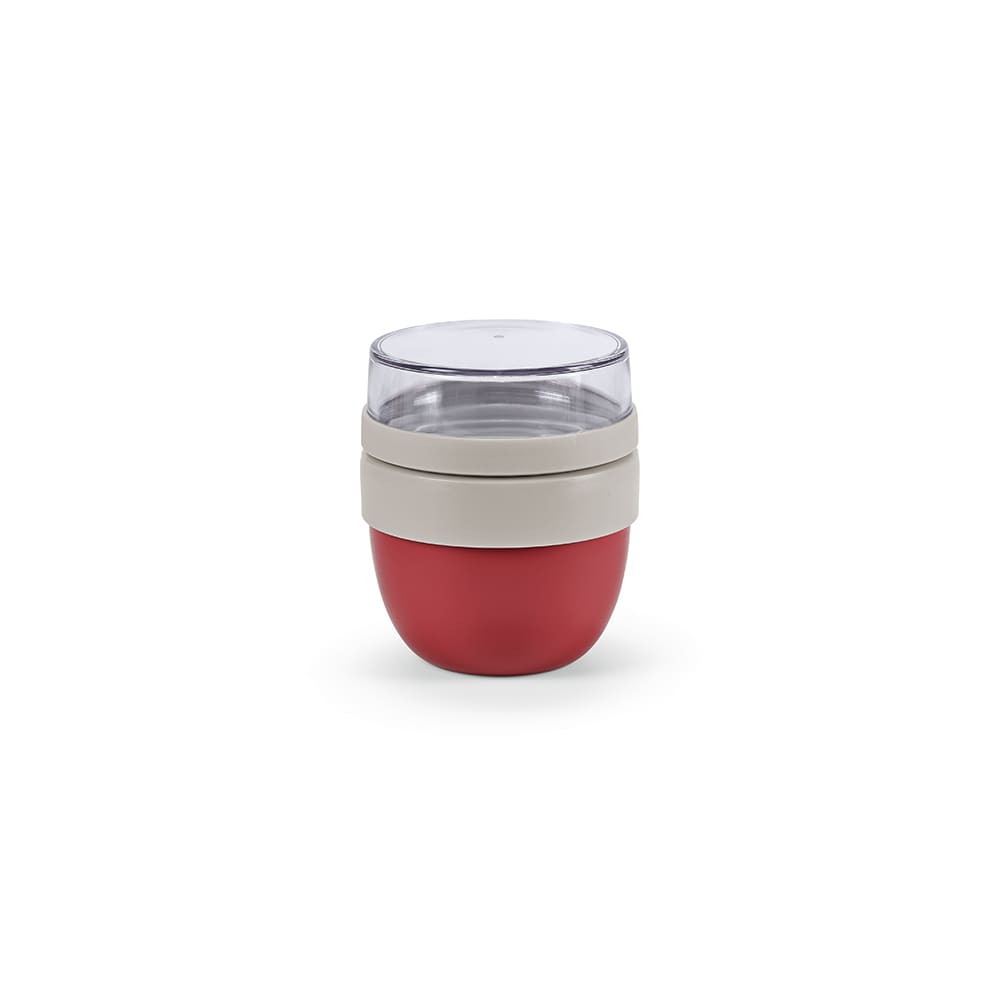 A food flask with two compartments, featuring a red base and a transparent lid. It has a simple design and a logo.