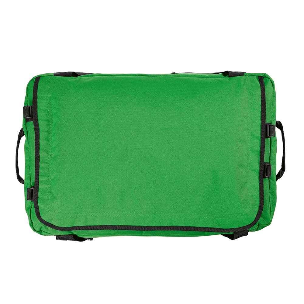 A green gym bag made from ripstop material, featuring reflective strips and multiple handles.