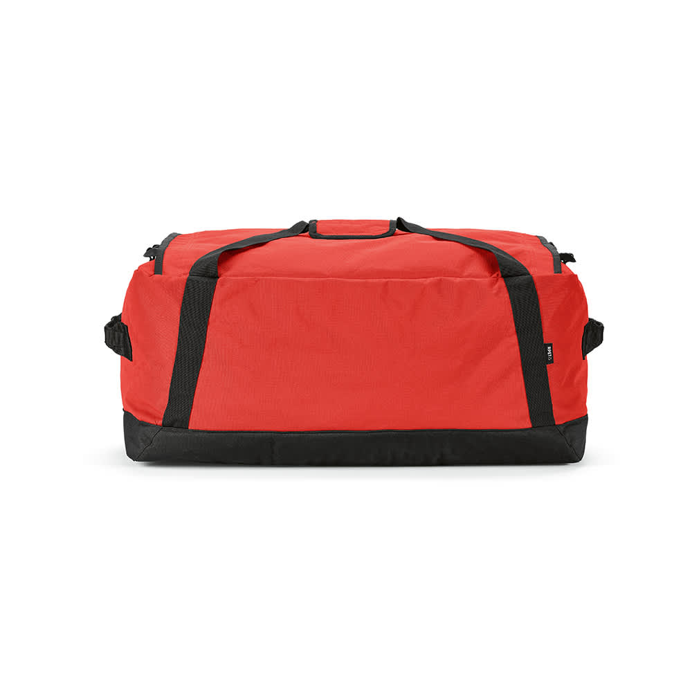 A large red gym bag with black accents and handles, featuring reflective strips and a logo.