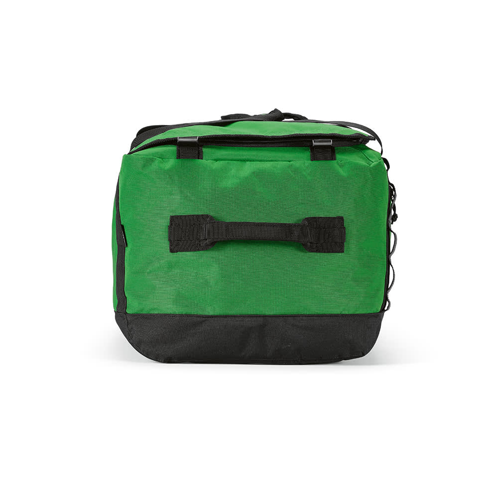A green and black gym bag featuring reflective strips and a logo. It has carrying handles and a zip closure.