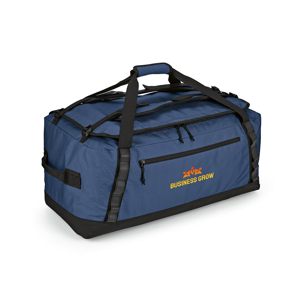 A navy gym bag with black accents, featuring handles and a zip pocket, plus a logo on the side.