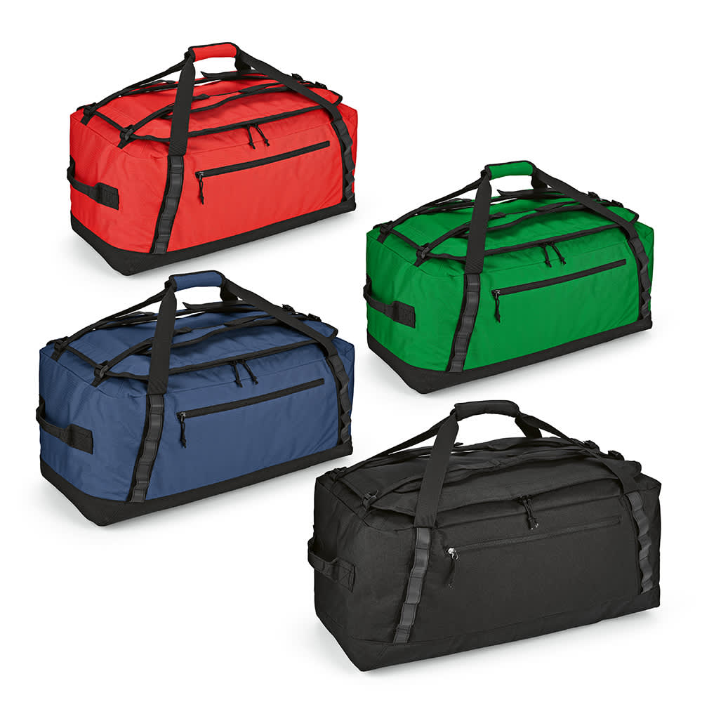 A set of four gym bags in red, green, blue, and black, featuring multiple zippered pockets and sturdy handles.