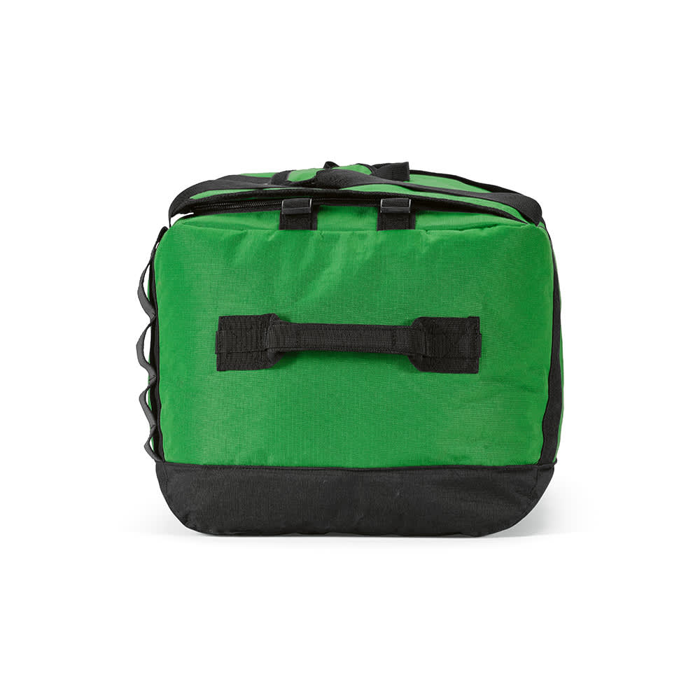 A green gym bag with black accents and reflective strips, featuring two handles on the front and a zip closure.