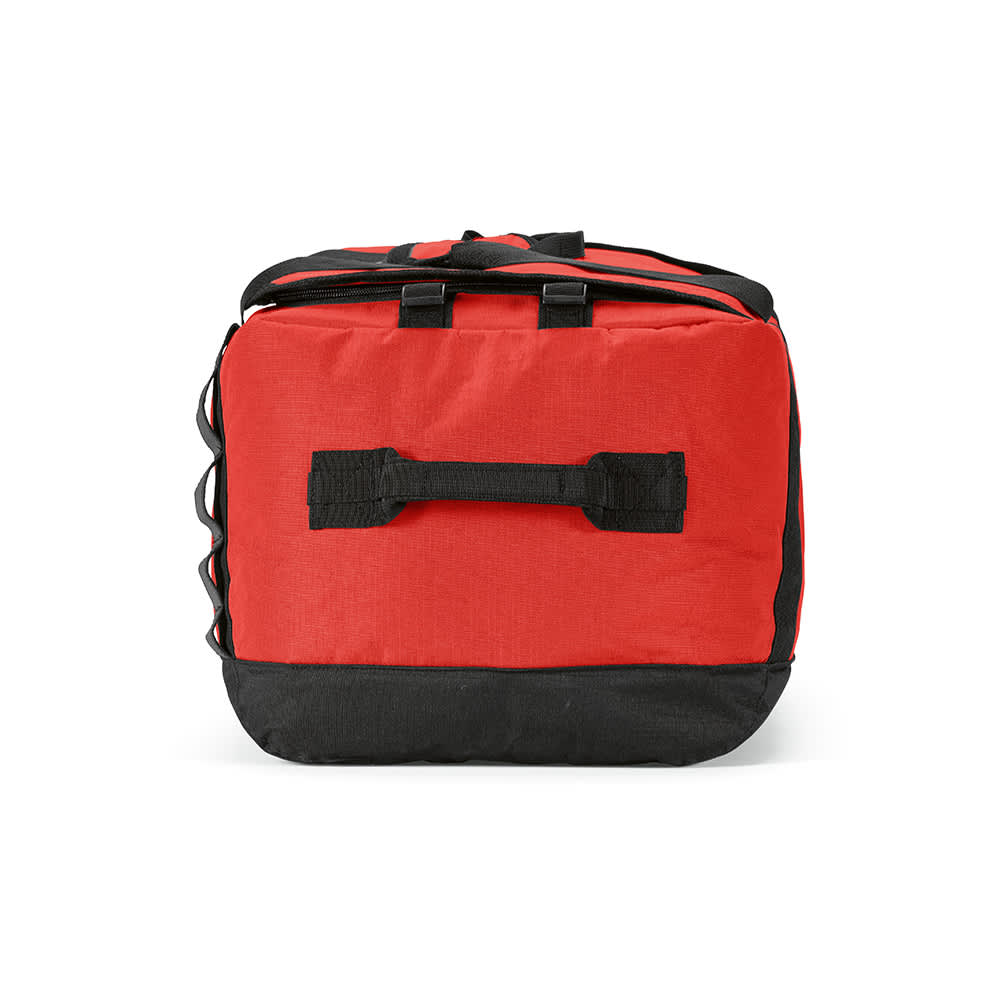 A red and black gym bag with a sturdy handle, featuring reflective strips and a zippered closure.