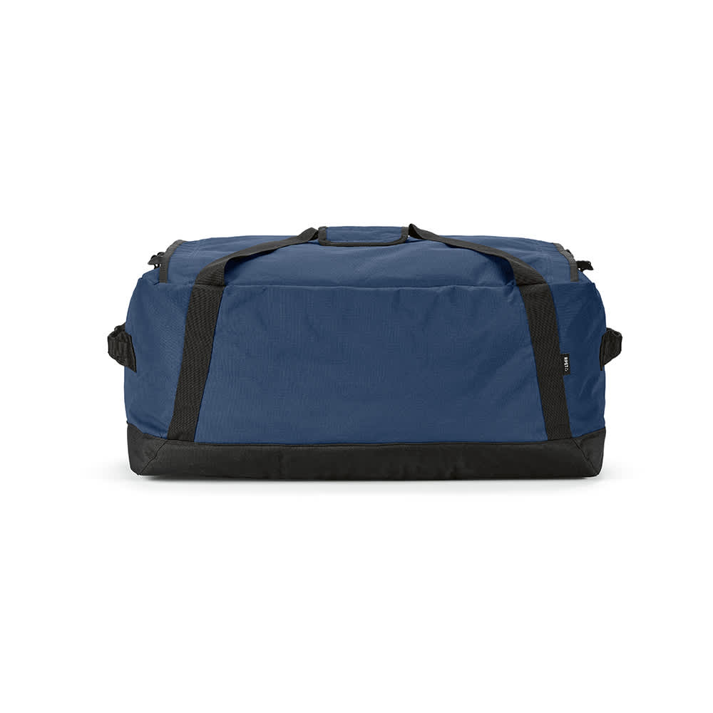 A large navy blue gym bag with black accents, featuring handles and a reflective strip, and a logo.