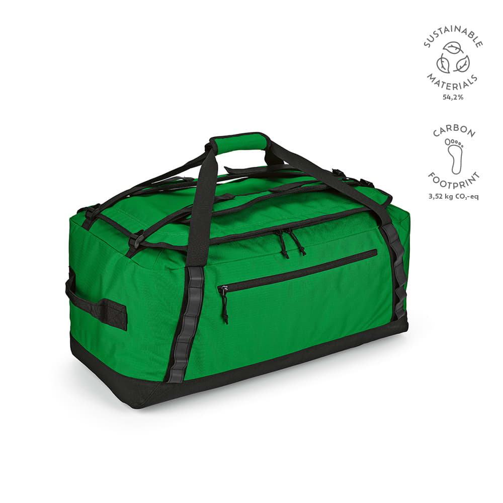 A large green gym bag with reflective strips, featuring multiple handles and a front pocket, made from sustainable materials.
