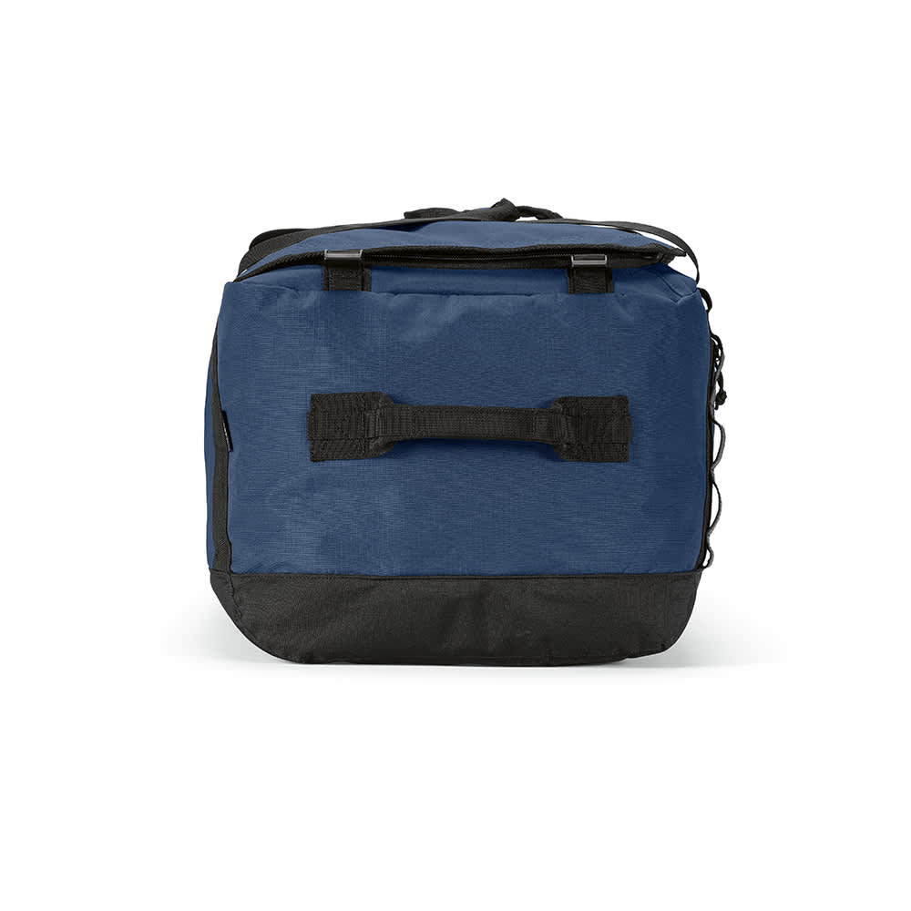 A blue gym bag with black accents, featuring handles and a shoulder strap, along with reflective strips.