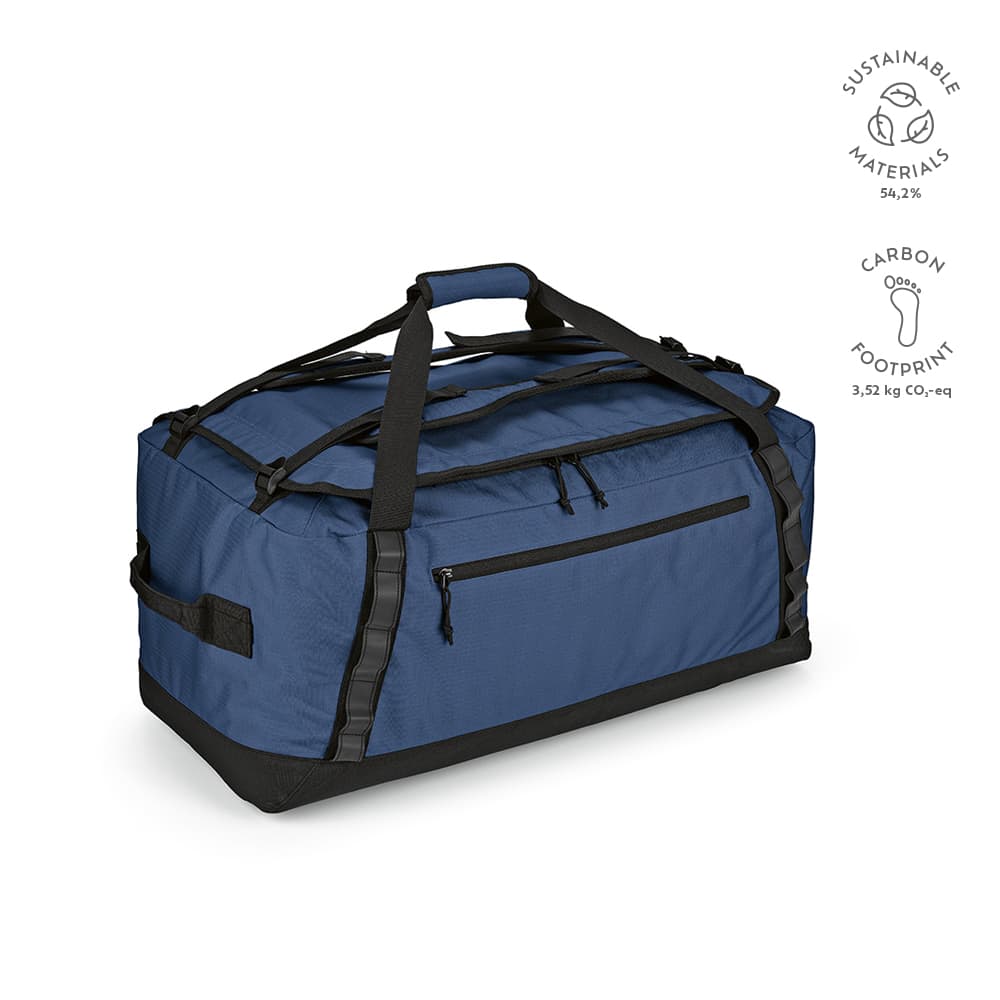 A blue gym bag with multiple handles, featuring reflective strips and a branding logo. Made from sustainable materials.
