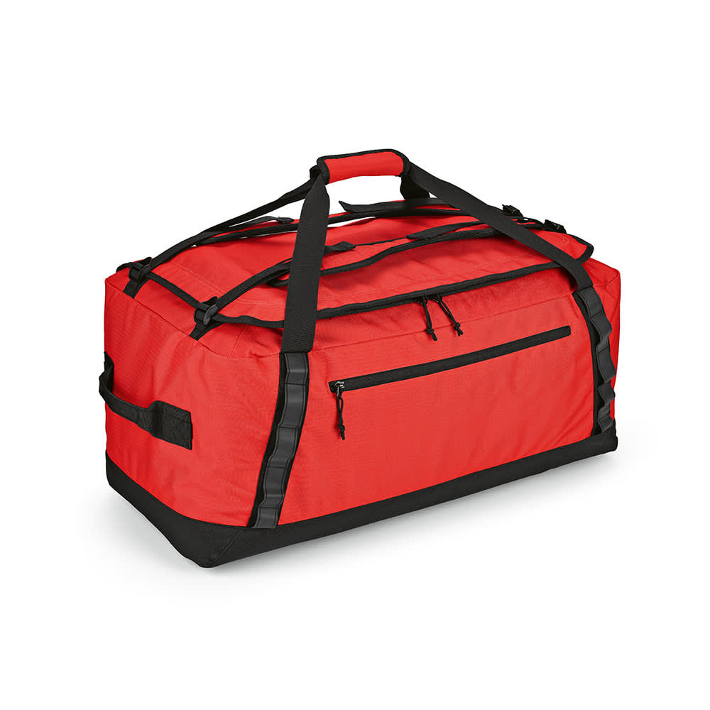 A red gym bag with black accents, featuring multiple handles and a zippered pocket. Includes a logo.