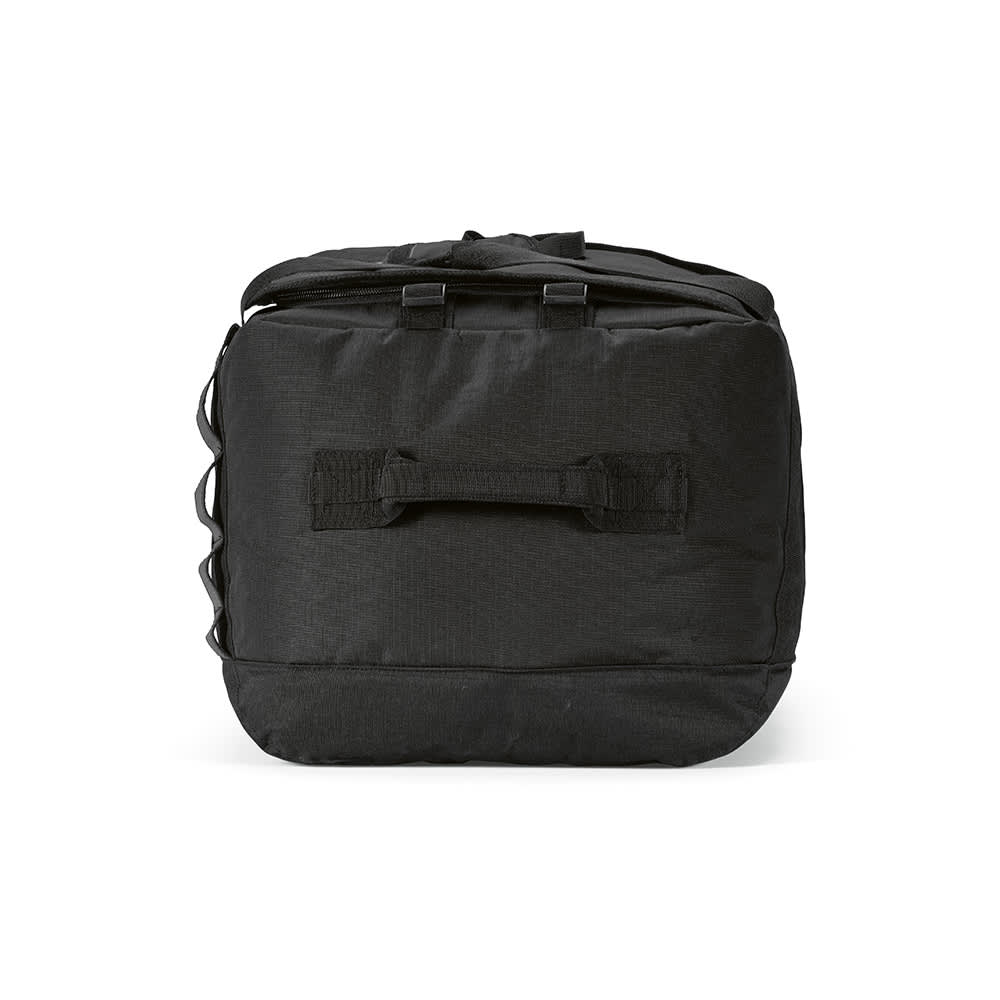 A black gym bag with reflective strips, featuring a sturdy handle and a compact design. It has a logo.
